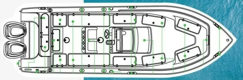 Gone Cucu Yacht Photos Pics Top view schematic of a 2020 Century 3200 Center Console boat layout.