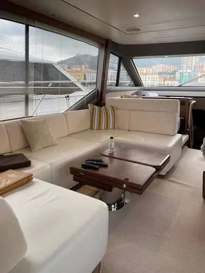 Panamera Yacht Photos Pics Luxurious interior of 2020 Princess F62 yacht with plush seating and modern decor.