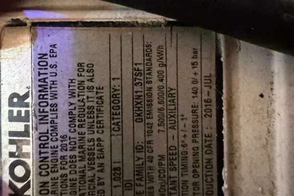 Joujou 2 Yacht Photos Pics Label on a Kohler engine, showing compliance and specifications, produced in July 2016.