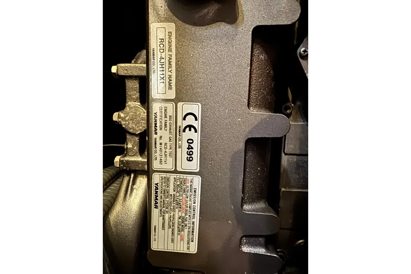 Shades Of Grey Yacht Photos Pics Yanmar engine label on a 2016 Beneteau Oceanis 48 sailboat.