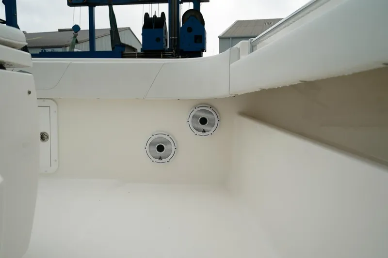 Another One Yacht Photos Pics 2019 Invincible 40 Catamaran interior with dual speakers, white finish.