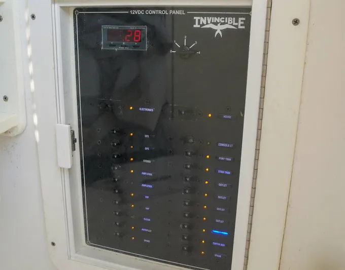 Another One Yacht Photos Pics Invincible 40 Catamaran 2019 control panel with digital display and switches.