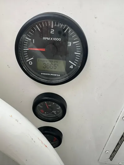 Yacht Photos Pics Close-up of Viking 44 Convertible 2019 boat gauges, showing 3665 engine hours.