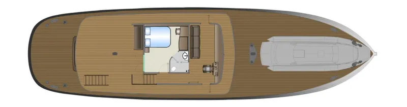 Svetlana (as Is) Yacht Photos Pics Top view of 2027 AvA Yachts Svetlana deck layout, featuring cabin and seating area.