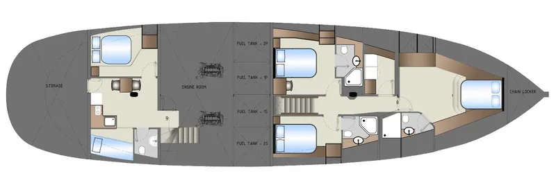 Svetlana (as Is) Yacht Photos Pics Floor plan of 2027 AvA Yachts Svetlana, featuring cabins, engine room, and storage areas.