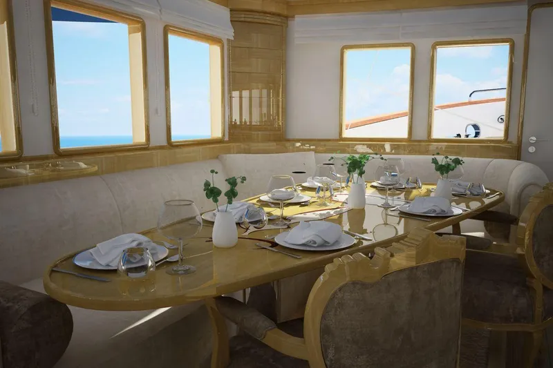 Svetlana (as Is) Yacht Photos Pics Luxurious dining area on AvA Yachts Svetlana 2027, featuring elegant table settings and ocean views.