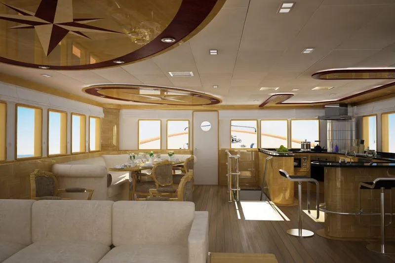 Svetlana (as Is) Yacht Photos Pics Luxurious interior of 2027 AvA Yachts Svetlana, featuring elegant dining and modern kitchen area.