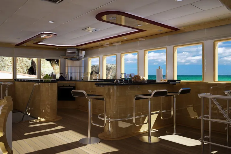 Svetlana (as Is) Yacht Photos Pics Luxurious 2027 AvA Yachts Svetlana interior with ocean view, modern kitchen, and sleek bar stools.