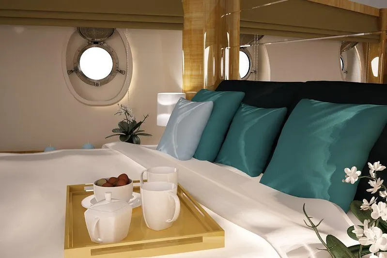 Svetlana (as Is) Yacht Photos Pics Luxurious AvA Yachts Svetlana 2027 cabin with elegant decor and cozy bedding.