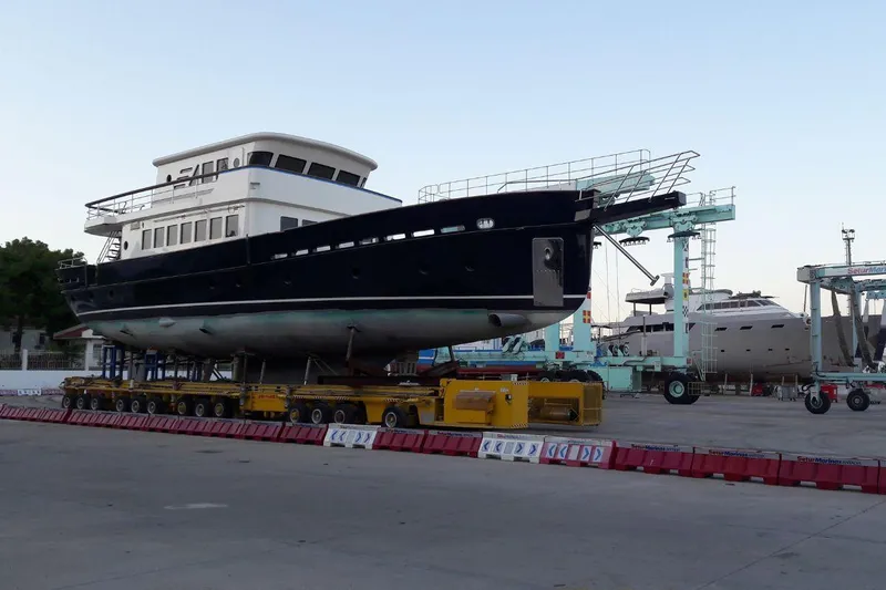 Svetlana (as Is) Yacht Photos Pics AvA Yachts Svetlana 2027 model on a shipyard platform, ready for launch.