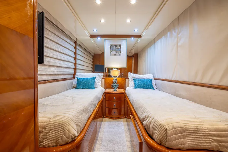  Yacht Photos Pics 1999 Azimut 100 Jumbo yacht twin bedroom with modern decor and ambient lighting.