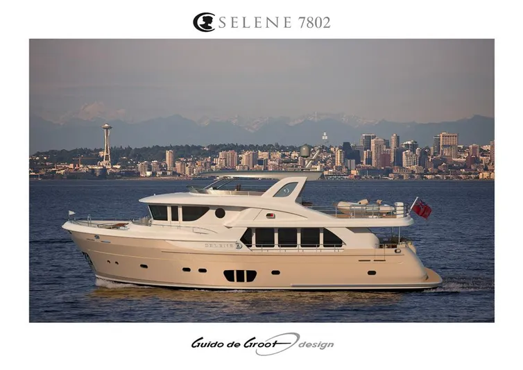  Yacht Photos Pics Luxury yacht Selene 78 Explorer 2026 cruising near city skyline and mountains.