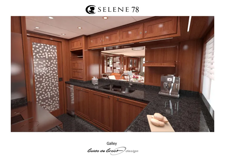  Yacht Photos Pics Luxurious Selene 78 Explorer 2026 yacht galley with modern wood cabinetry and sleek countertops.