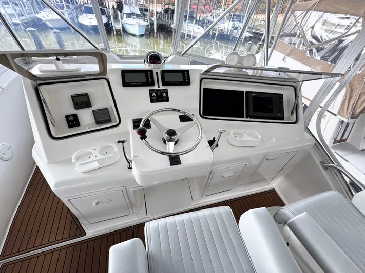 Loon Atik Yacht Photos Pics Helm of 2005 Ocean Yachts 46 Super Sport with modern navigation equipment and controls.