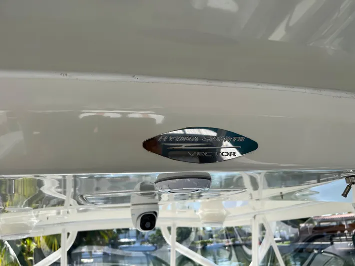 Pura Vida Yacht Photos Pics 2008 Hydra-Sports Vector 3500 VX boat interior detail with logo.