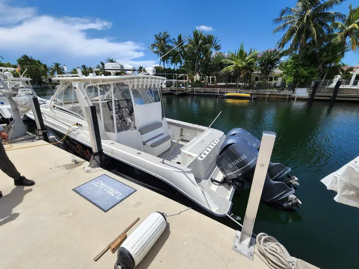 Pura Vida Yacht Photos Pics 2008 Hydra-Sports Vector 3500 VX docked at a marina with twin Yamaha outboard engines.