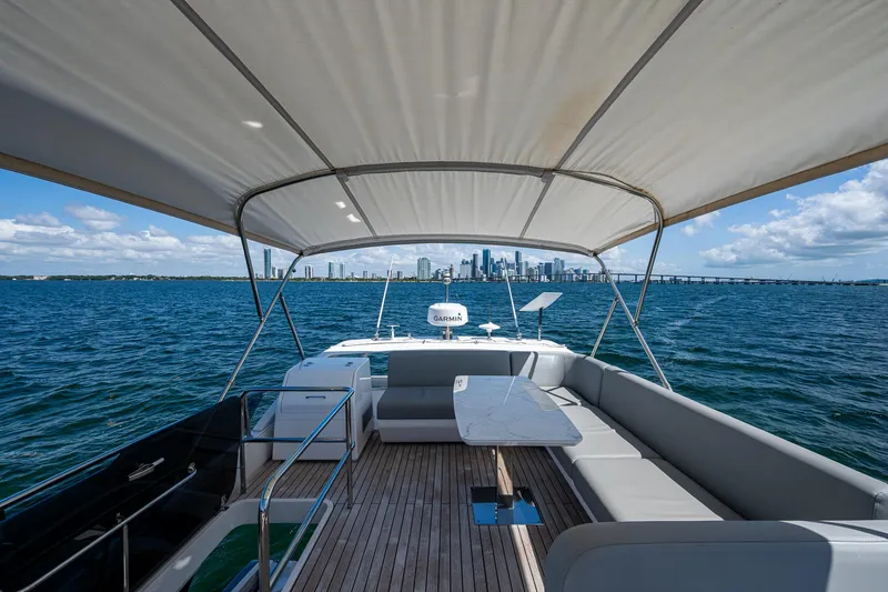 Suntastic Yacht Photos Pics Luxury Schaefer 450 yacht with city skyline view, 2023 model.