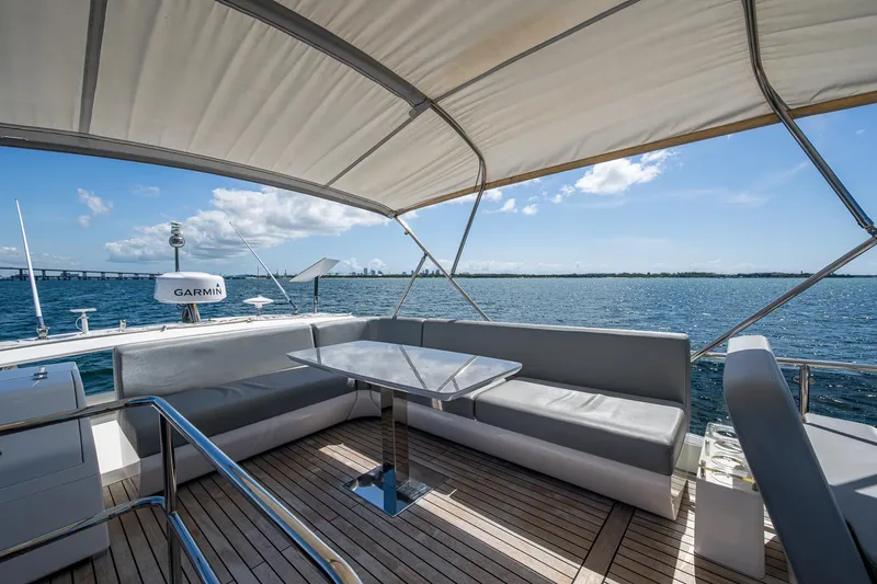 Suntastic Yacht Photos Pics Luxurious 2023 Schaefer 450 yacht deck with seating, ocean view, and canopy.