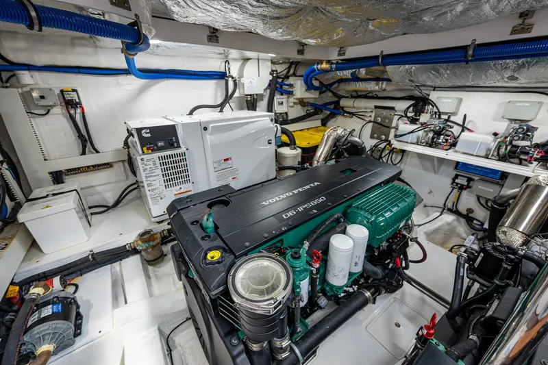 Suntastic Yacht Photos Pics Engine room of 2023 Schaefer 450 yacht with Volvo Penta engine and Cummins generator.