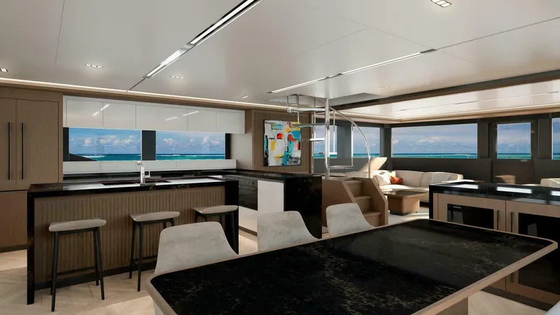 75 Iliad 2026 Yacht Photos Pics Luxurious interior of 2026 ILIAD 75 yacht with modern kitchen and ocean views.