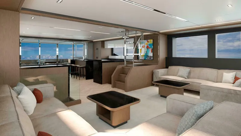 75 Iliad 2026 Yacht Photos Pics Luxurious interior of 2026 ILIAD 75 yacht with modern furnishings and panoramic windows.
