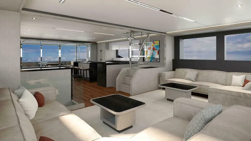 75 Iliad 2026 Yacht Photos Pics Luxurious interior of 2026 ILIAD 75 yacht with modern furnishings and panoramic windows.