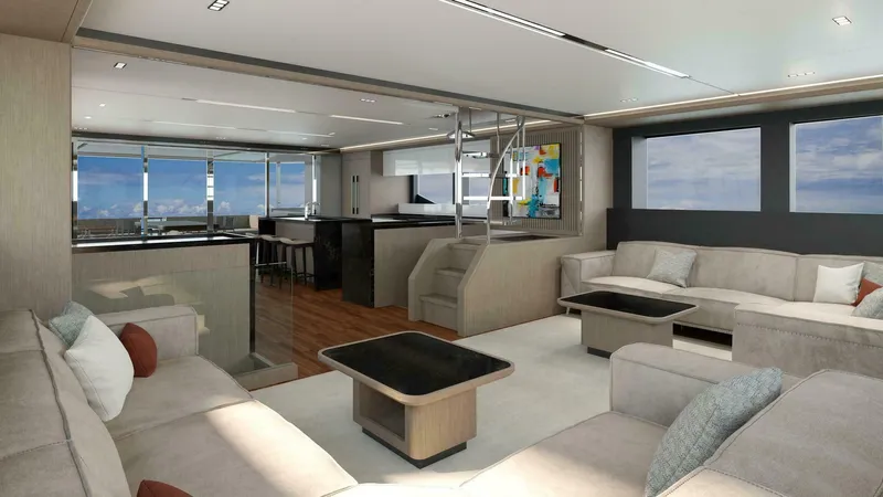 75 Iliad 2026 Yacht Photos Pics Luxurious interior of 2026 ILIAD 75 yacht with modern furnishings and panoramic windows.
