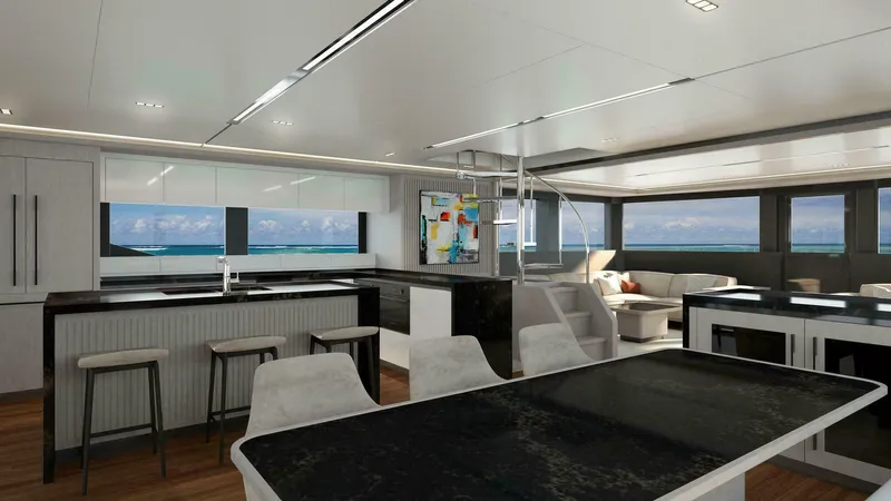 75 Iliad 2026 Yacht Photos Pics Luxurious yacht interior with modern kitchen and seating, ILIAD 75 model, 2026.