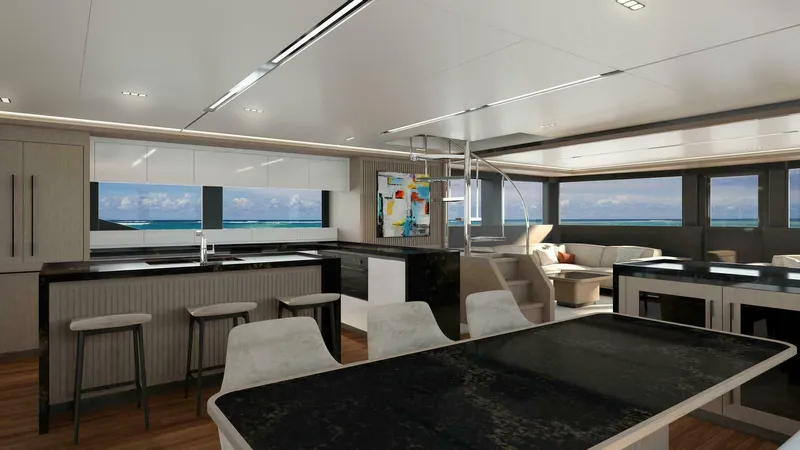 75 Iliad 2026 Yacht Photos Pics Luxurious interior of 2026 ILIAD 75 yacht with modern kitchen and ocean views.