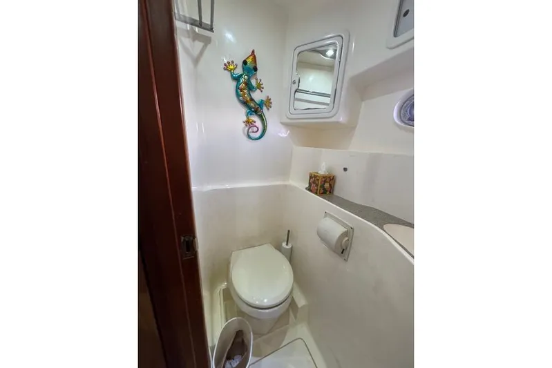 Sea Angel Yacht Photos Pics Compact bathroom in 2007 Africat Marine 420 yacht with colorful gecko wall decor.