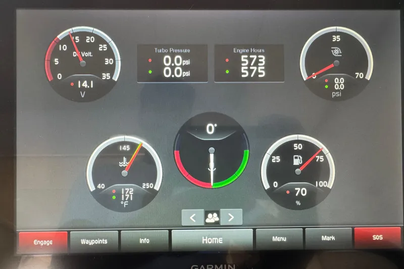 Tomtanic Yacht Photos Pics Dashboard display of a 2019 Regal 42 Fly boat showing engine metrics and gauges.