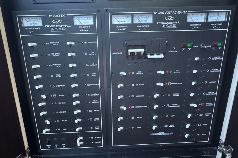Tomtanic Yacht Photos Pics Control panel of a 2019 Regal 42 Fly yacht, featuring electrical switches and gauges.