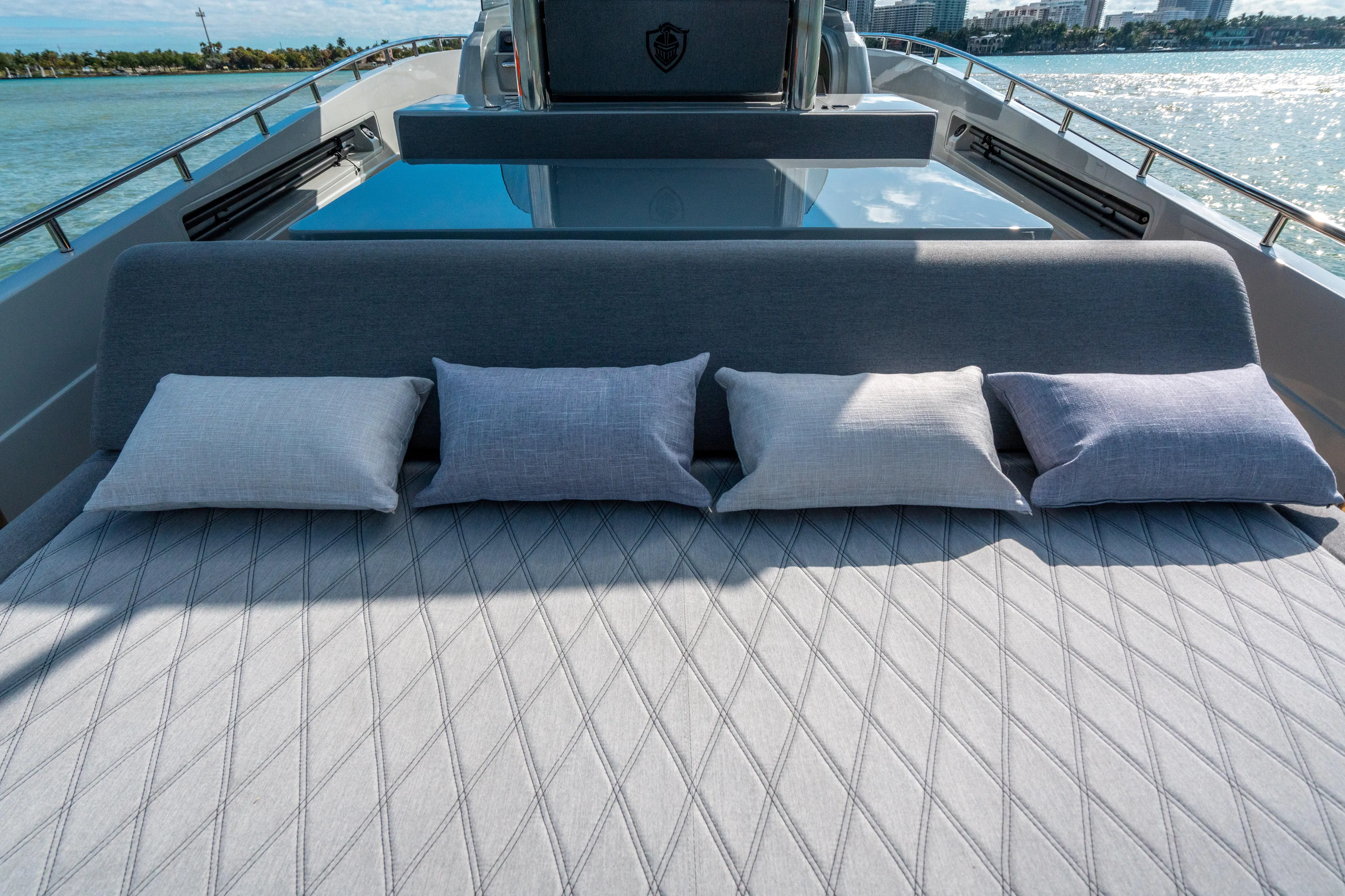  Yacht Photos Pics Luxury sunbed on 2023 Canados 431 Gladiator yacht with ocean view.