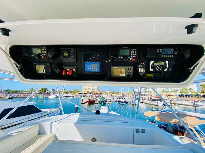  Yacht Photos Pics Control panel of a 2001 Hatteras 60 Convertible yacht in a marina setting.