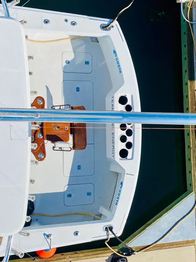  Yacht Photos Pics Overhead view of 2001 Hatteras 60 Convertible yacht deck at dock.