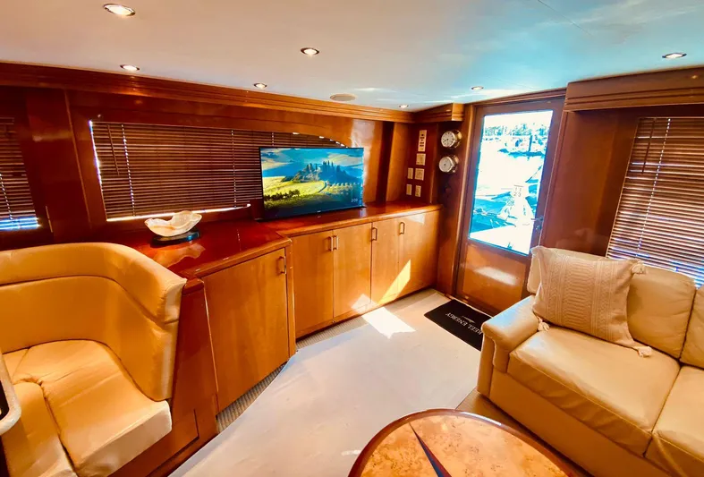 Yacht Photos Pics Luxurious interior of 2001 Hatteras 60 Convertible yacht with elegant wood finishes.