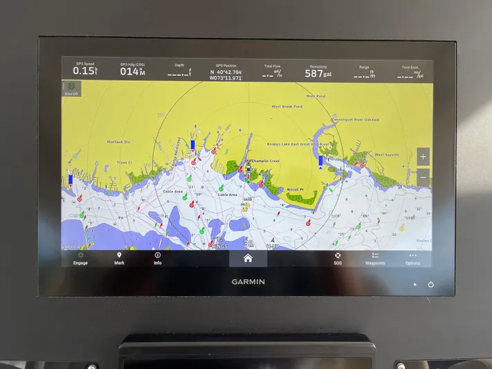  Yacht Photos Pics Garmin navigation display on 2019 Everglades 435 CC boat, showing coastal map and data.