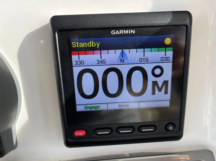  Yacht Photos Pics Garmin marine display on 2019 Everglades 435 CC, showing compass heading in standby mode.