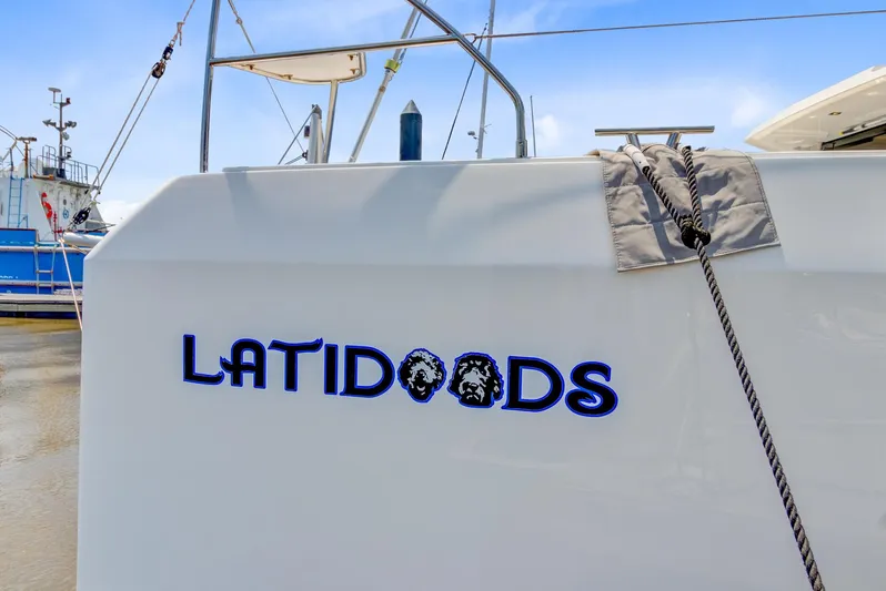 Latidoods Yacht Photos Pics Leopard 42 catamaran named "LATIDOODS" docked, showcasing sleek design and modern features.