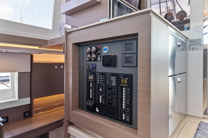 Latidoods Yacht Photos Pics Electrical control panel inside a 2021 Leopard 42 catamaran, featuring modern design and equipment.