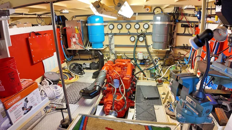 La Vita Marina Yacht Photos Pics Engine room of 1993 Holland Marine 50 Custom Trawler with red engine and various equipment.