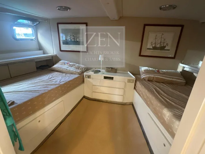  Yacht Photos Pics Cozy cabin interior of 1987 Galtarossa Motorsailer, featuring twin beds and nautical decor.