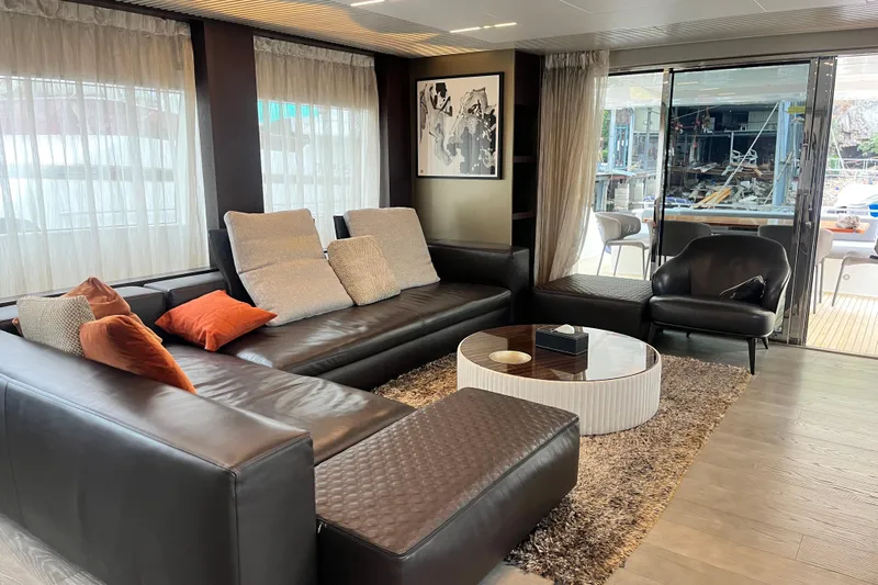  Yacht Photos Pics Luxurious 2017 Ferretti Yachts 850 interior with modern leather seating and elegant decor.