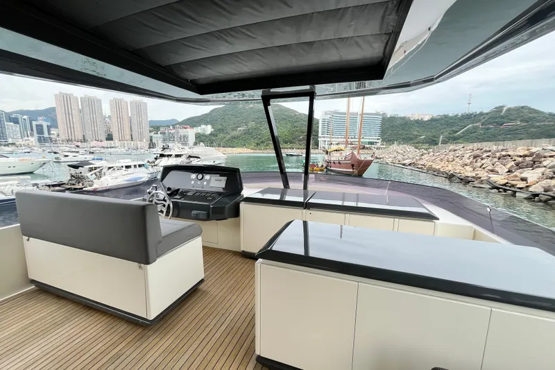  Yacht Photos Pics Luxurious 2017 Ferretti Yachts 850 interior with scenic marina view.