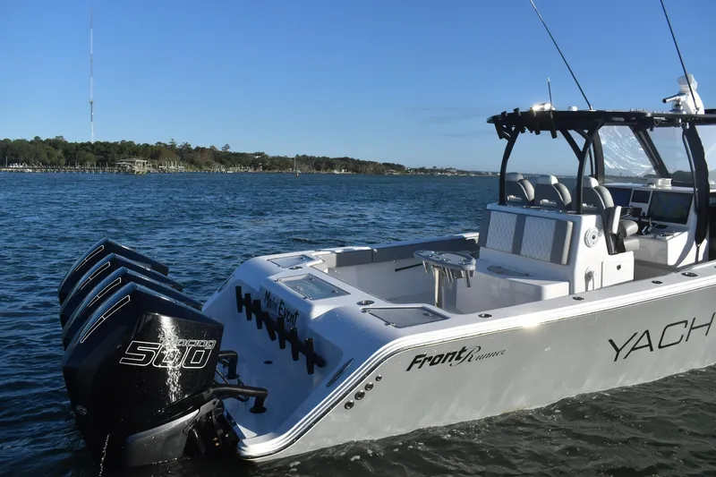 Main Event Yacht Photos Pics 2023 Front Runner 39 Center Console boat with multiple engines on open water.