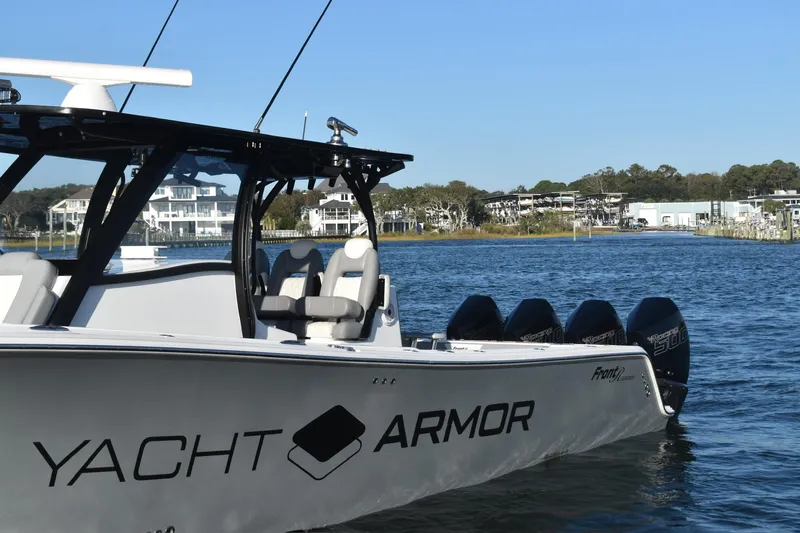Main Event Yacht Photos Pics 2023 Front Runner 39 Center Console boat on water, featuring Yacht Armor branding.