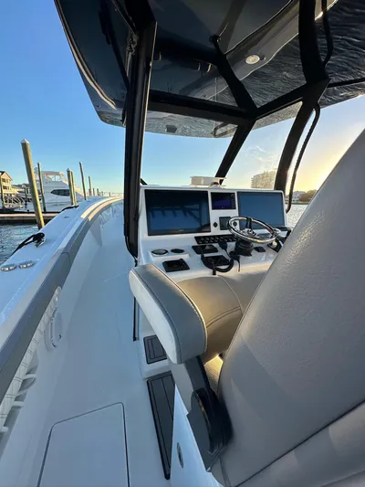 Main Event Yacht Photos Pics 2023 Front Runner 39 Center Console boat interior with advanced navigation system.
