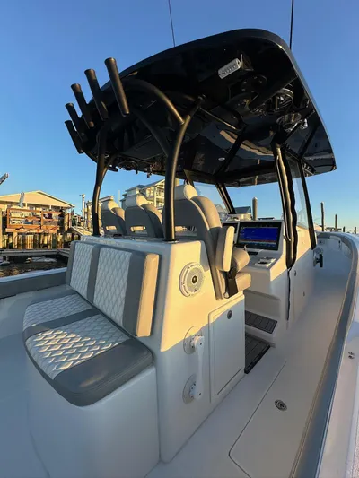 Main Event Yacht Photos Pics 2023 Front Runner 39 Center Console boat with sleek seating and modern dashboard.