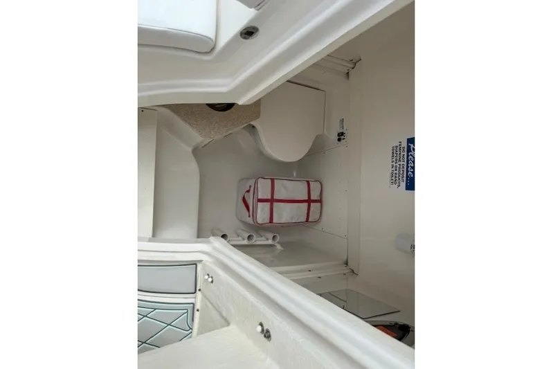  Yacht Photos Pics 2021 Robalo R300 Center Console interior cabin with storage and seating.