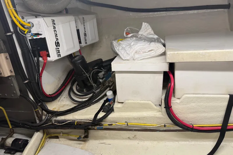  Yacht Photos Pics Engine room of 1998 Kadey-Krogen 48' Northsea Widebody Pilothouse with electrical components and wiring.